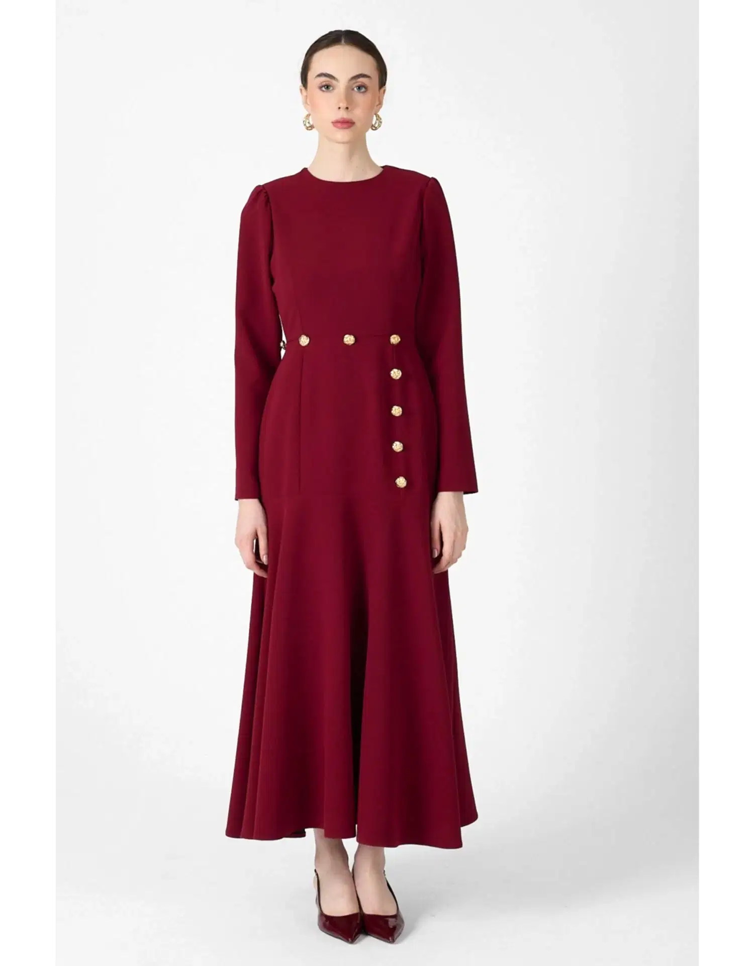 SELVİ ÇETİN GOLD DÜĞMELİ VOLAN ELBİSE